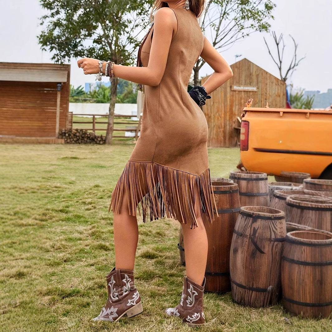 Women's Brown Western Suede Fringe Dress - Sleeveless Vacation Style