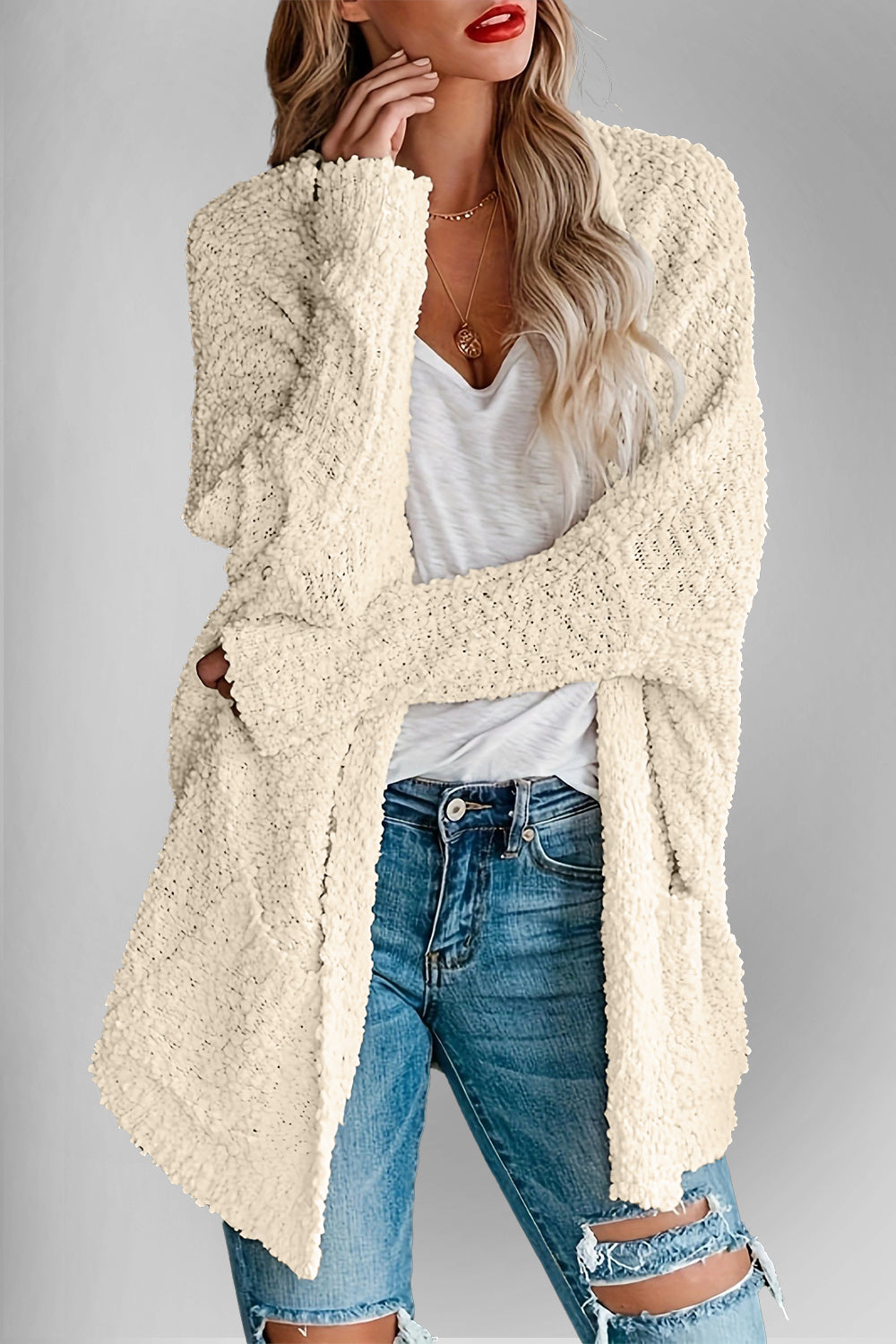 Double Take Pocketed Open Front Long Sleeve Cardigan - Fashions Envy