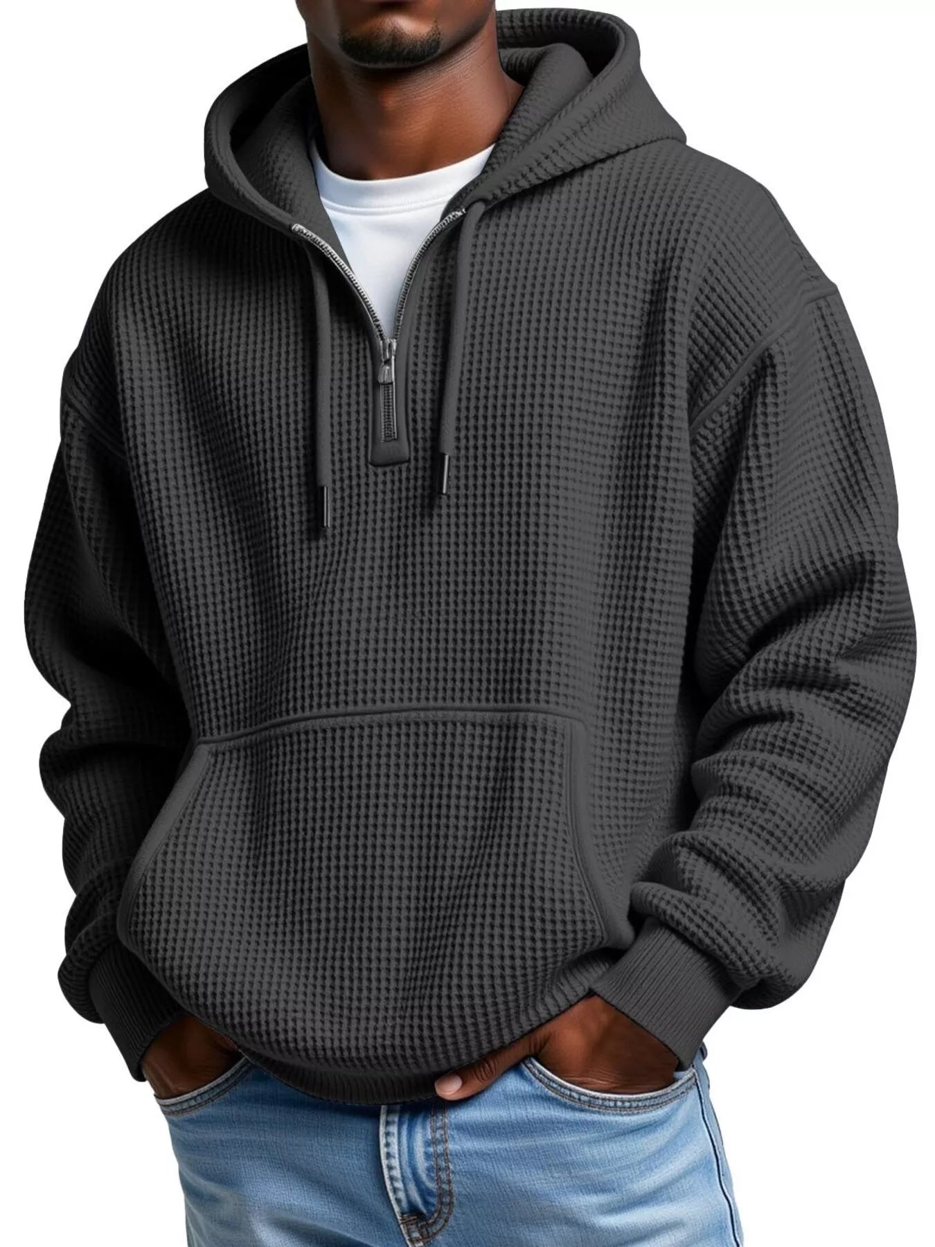 Waffle Knit Half-Zip Hoodie Men - Textured Cotton Blend - Fashions Envy
