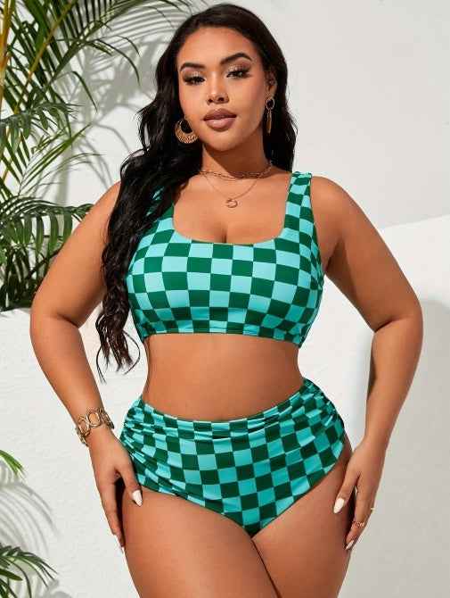 Plus Size Checkered Bikini - Full Coverage Square Neck