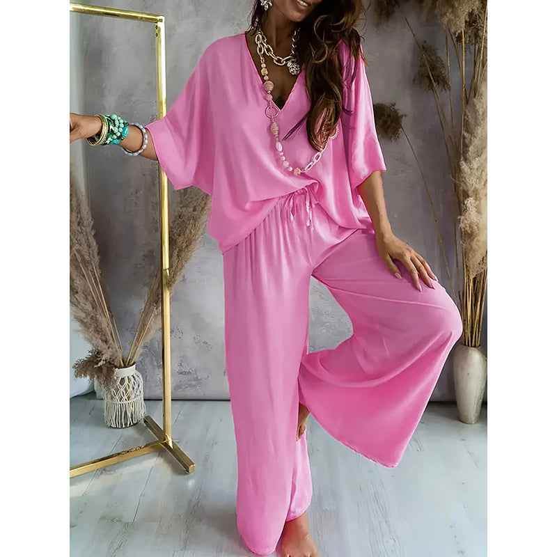 Two-Piece Lounge Set - V-Neck Top & Wide Leg Pants - Fashions Envy