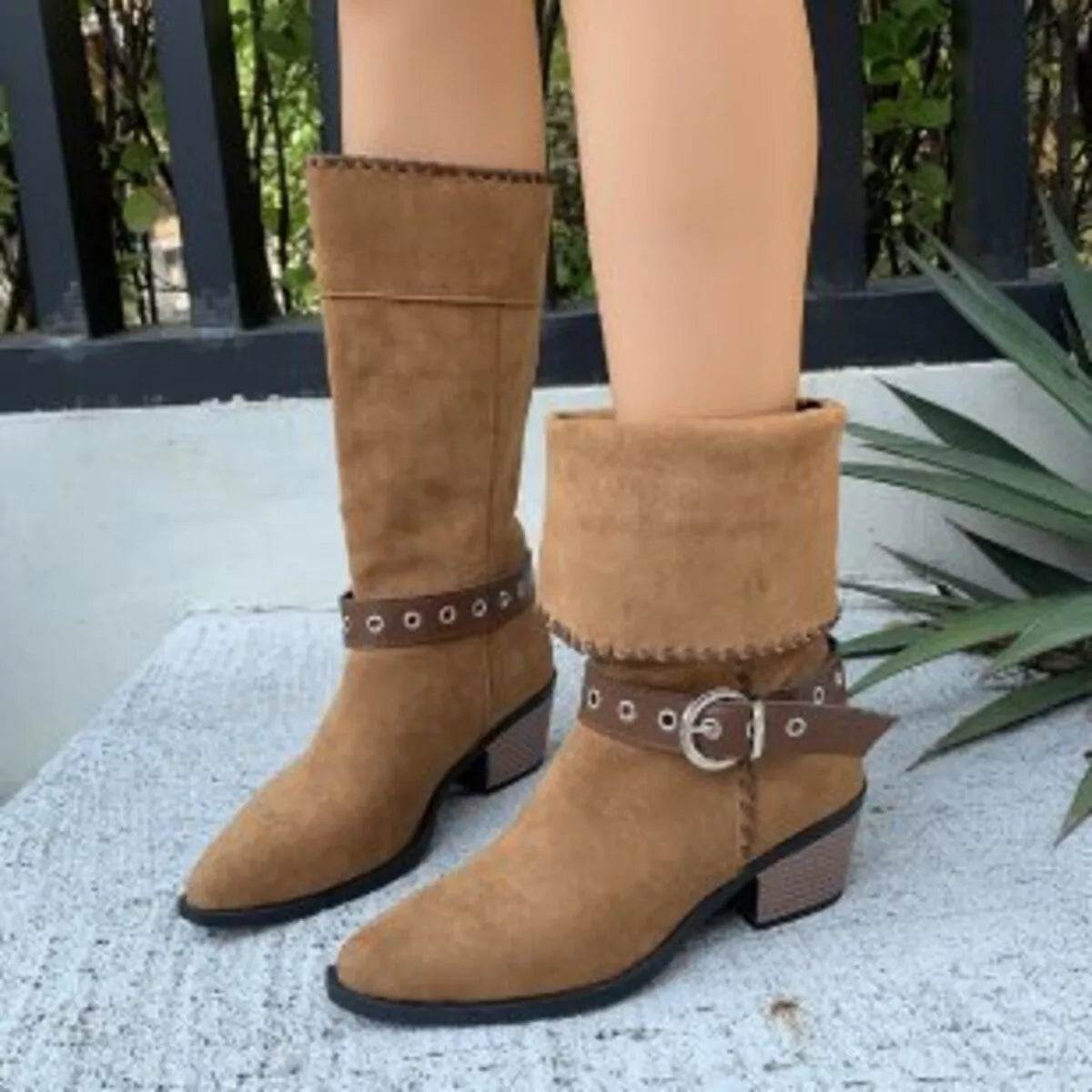 Point Toe Block Heels Boots - Mid Heel Ankle Boots - Fashions Envy