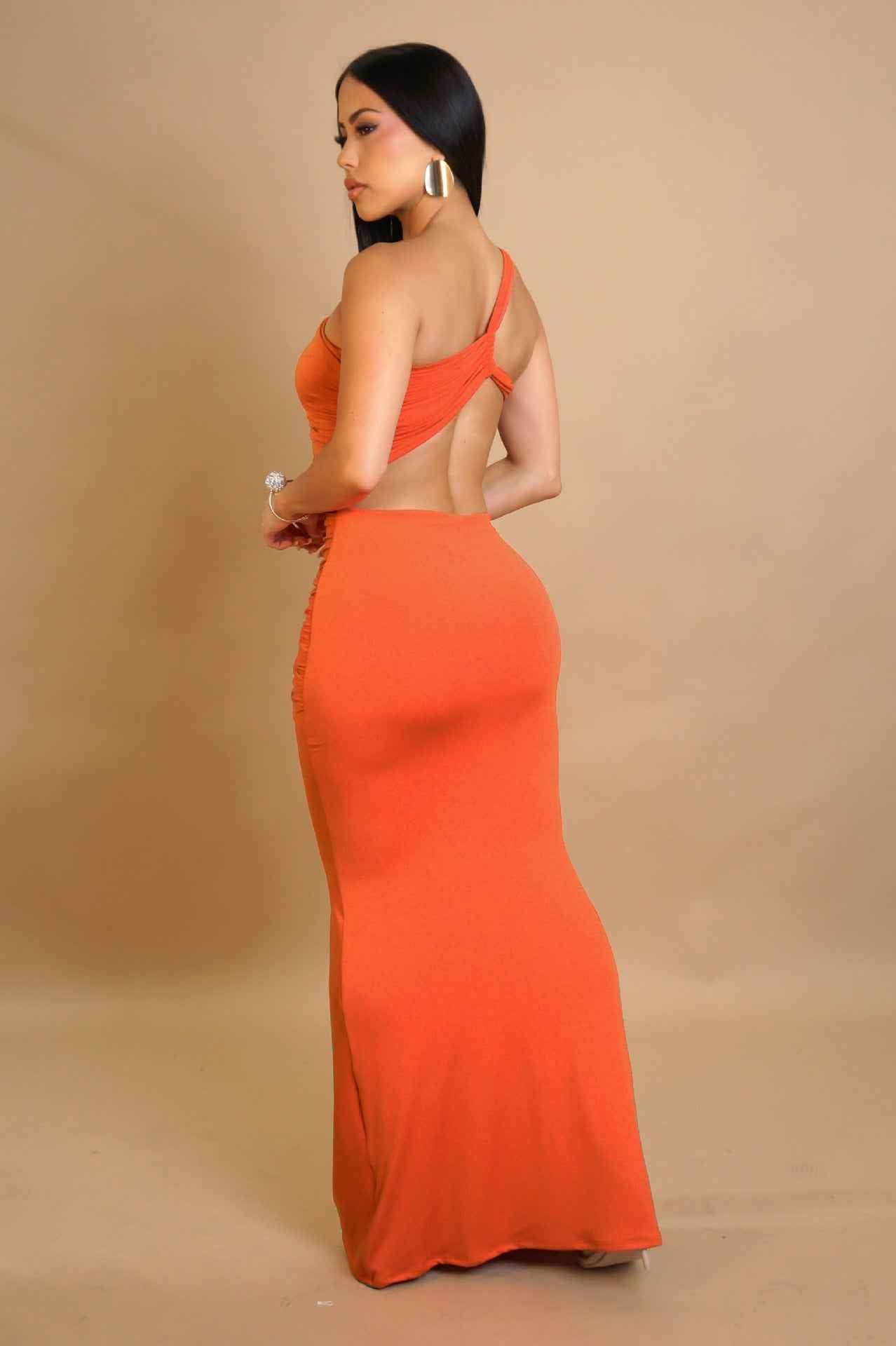 One Shoulder Cutout Maxi Dress - Pleated Bodycon Fit