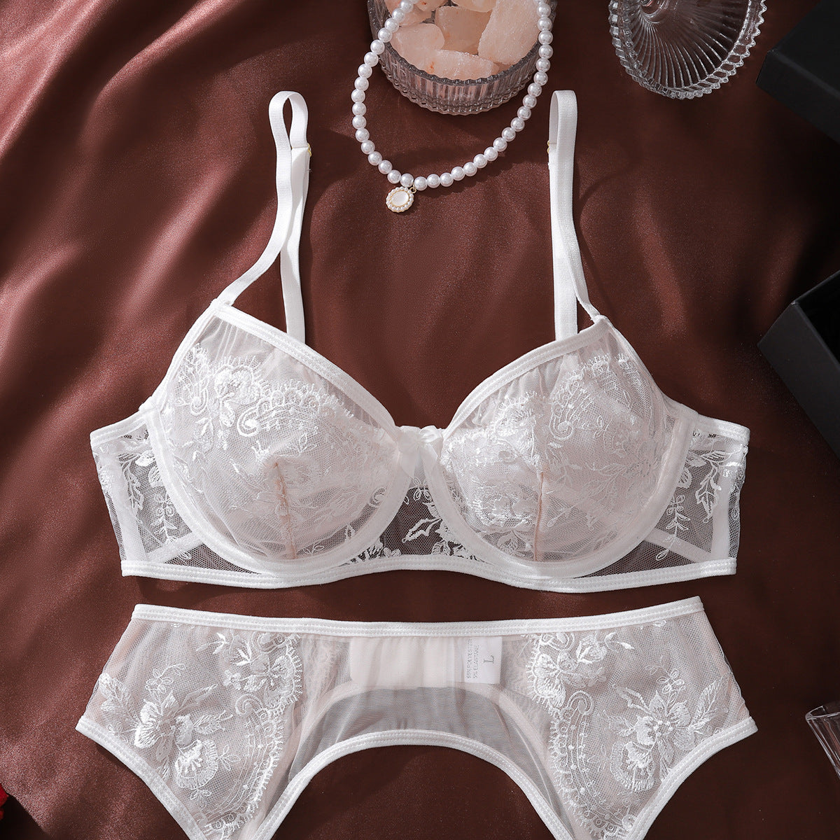 Sheer Lingerie Set - Embroidered Mesh Bra