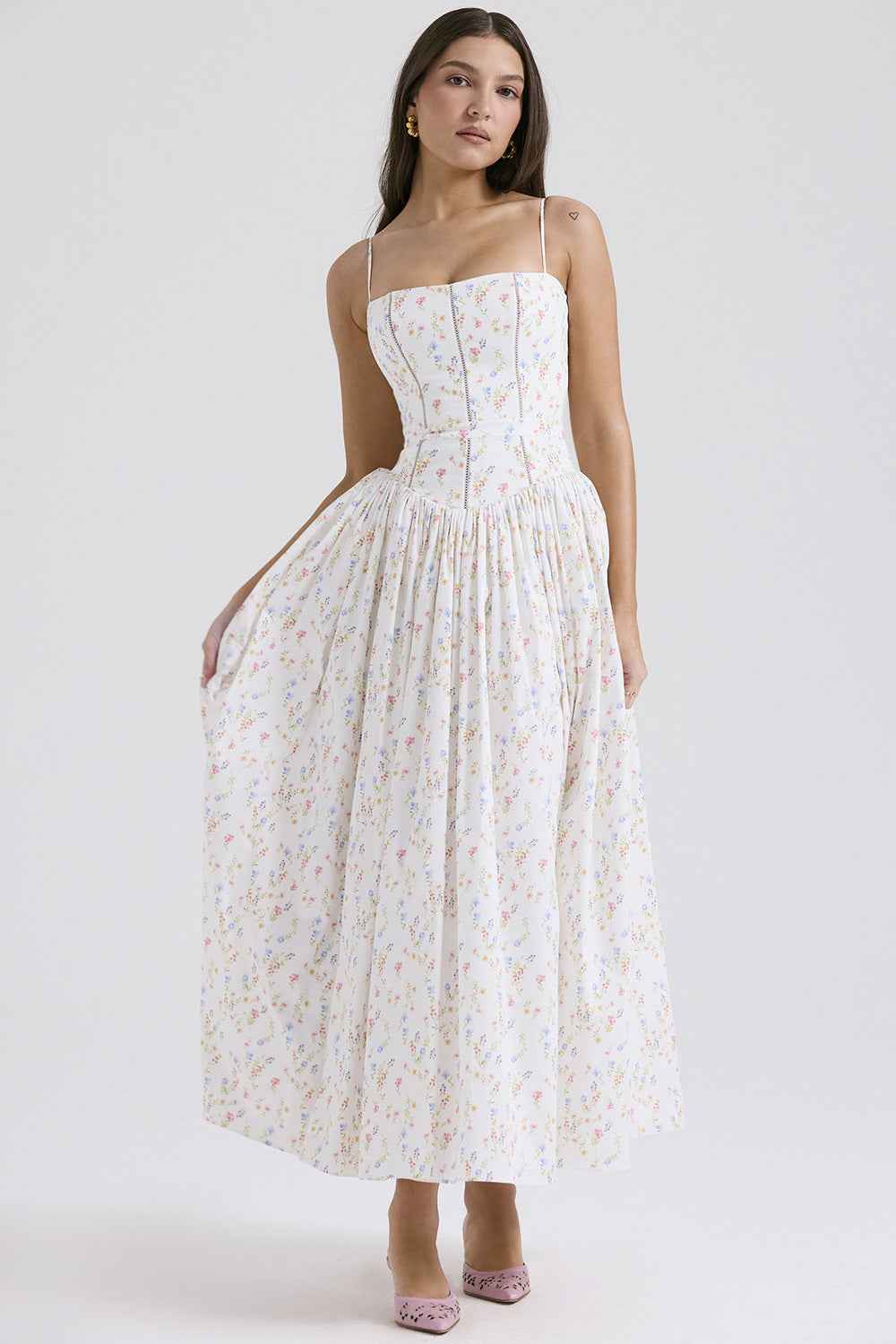 Floral Cami Maxi Dress - Cinched Waist A-Line Spaghetti Strap