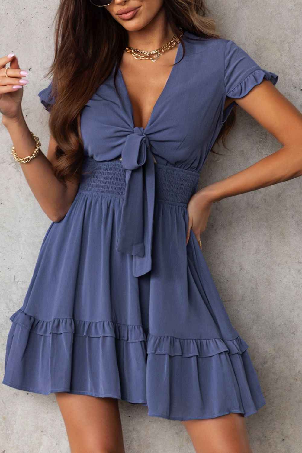 Ruffle Hem Mini Dress - Flirty Bow-Tie V-Neck