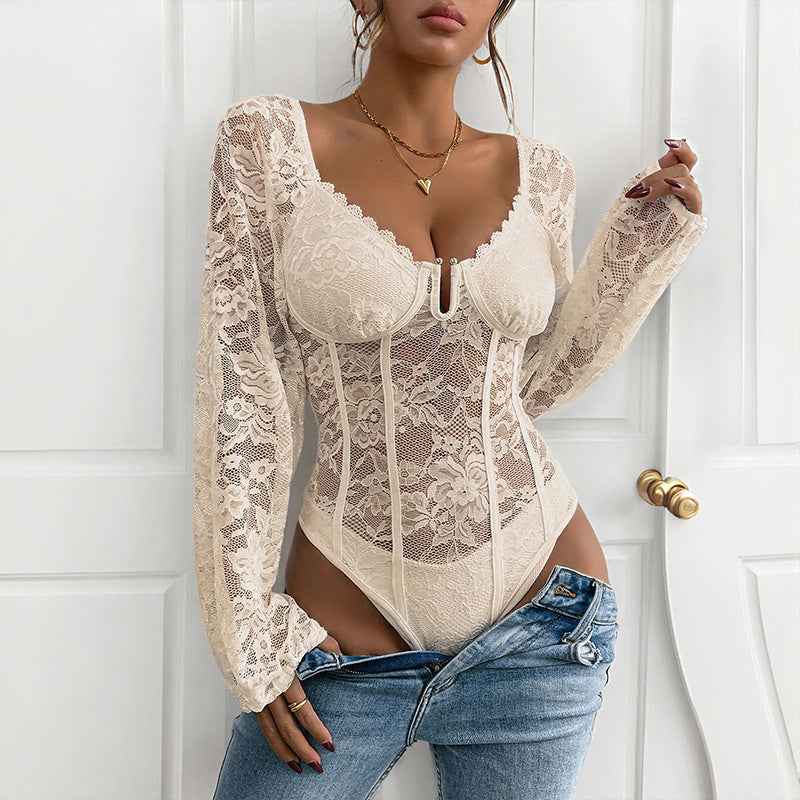 V-Neck Lace Bodysuit - Long Sleeve Sheer Style - Fashions Envy