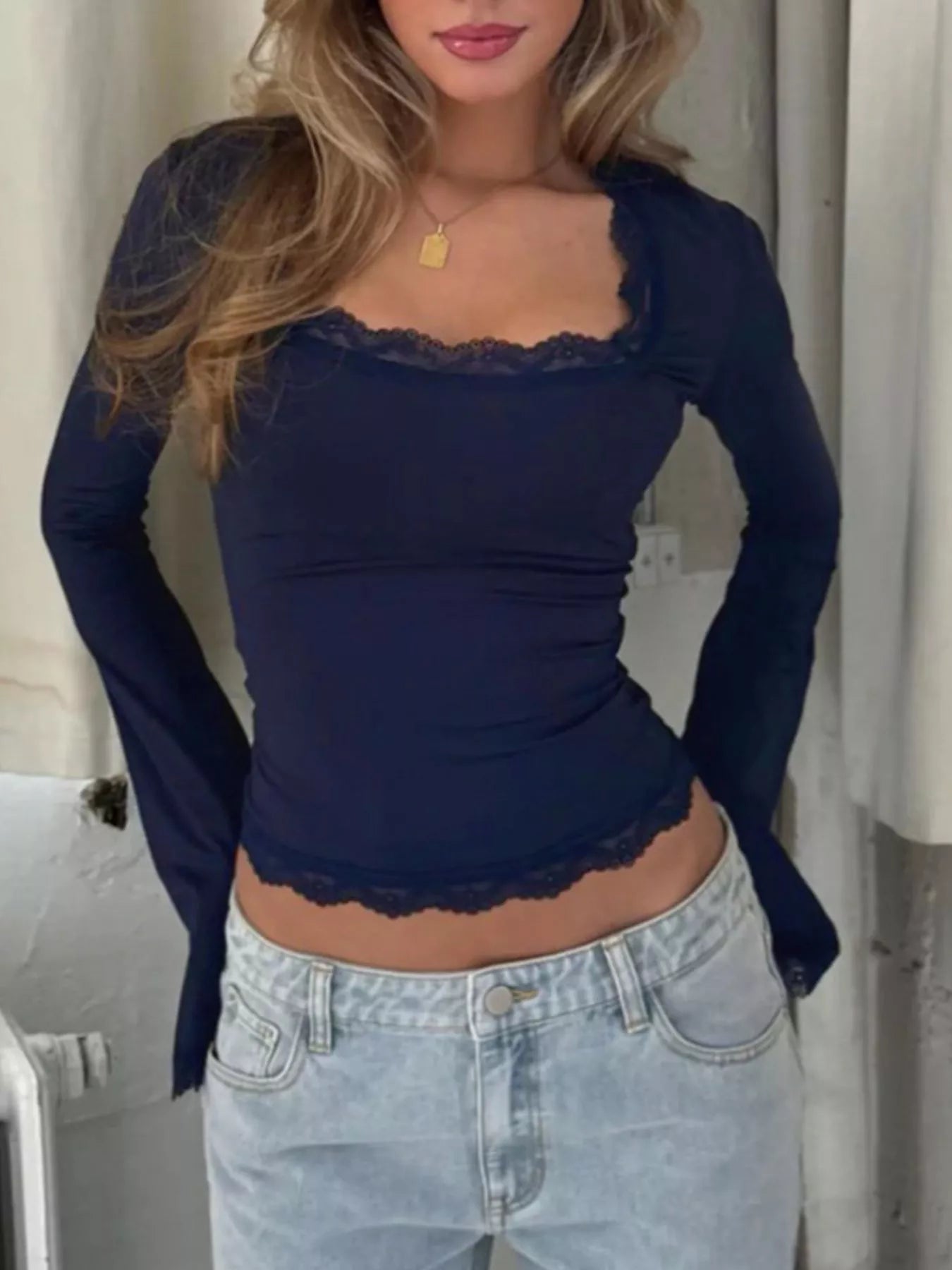 Lace Trim Top - Square Neck Long Sleeve Fitted - Fashions Envy