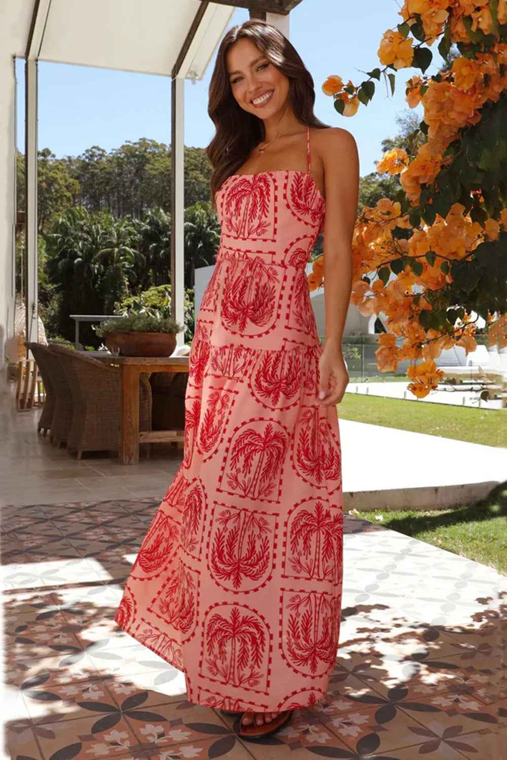 Printed Halter Maxi Dress - Tied Neck Flowy Vacation