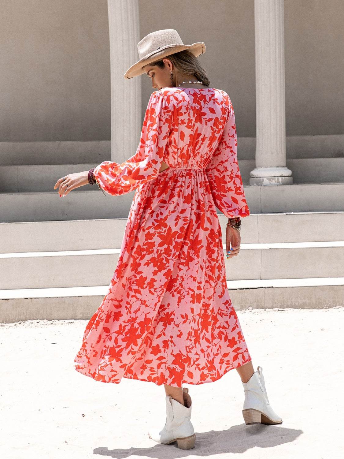 Tied Cutout Printed Long Sleeve Midi Dress - Fashions Envy
