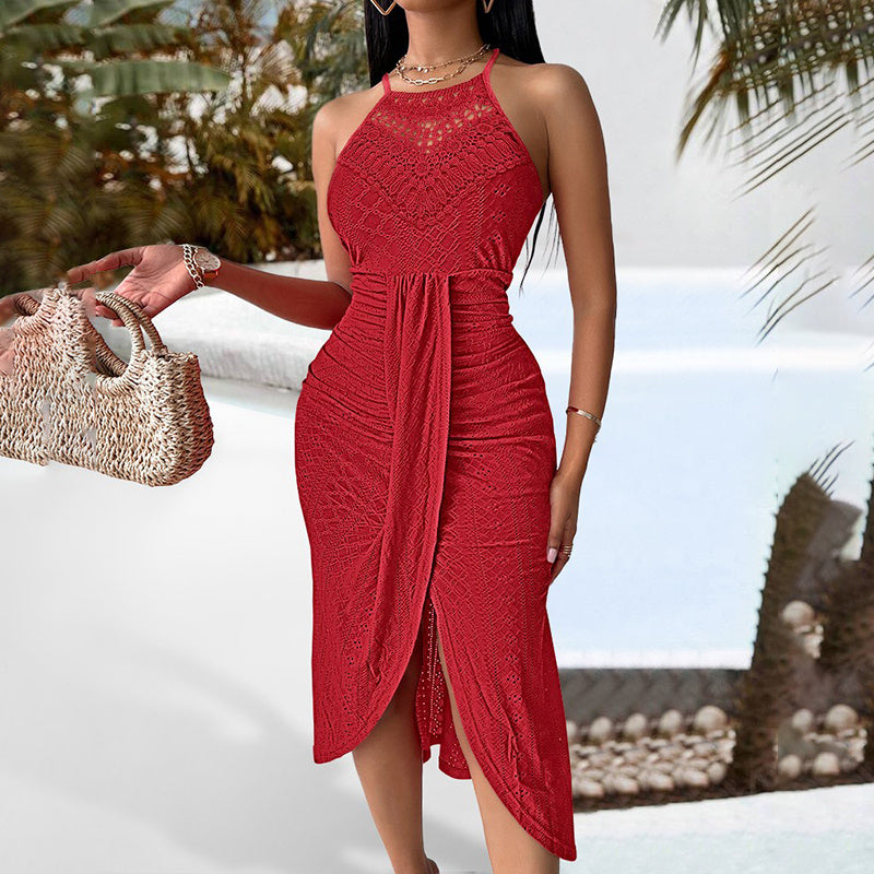 Sleeveless Halter Neck Ruched Bodycon Midi Dress