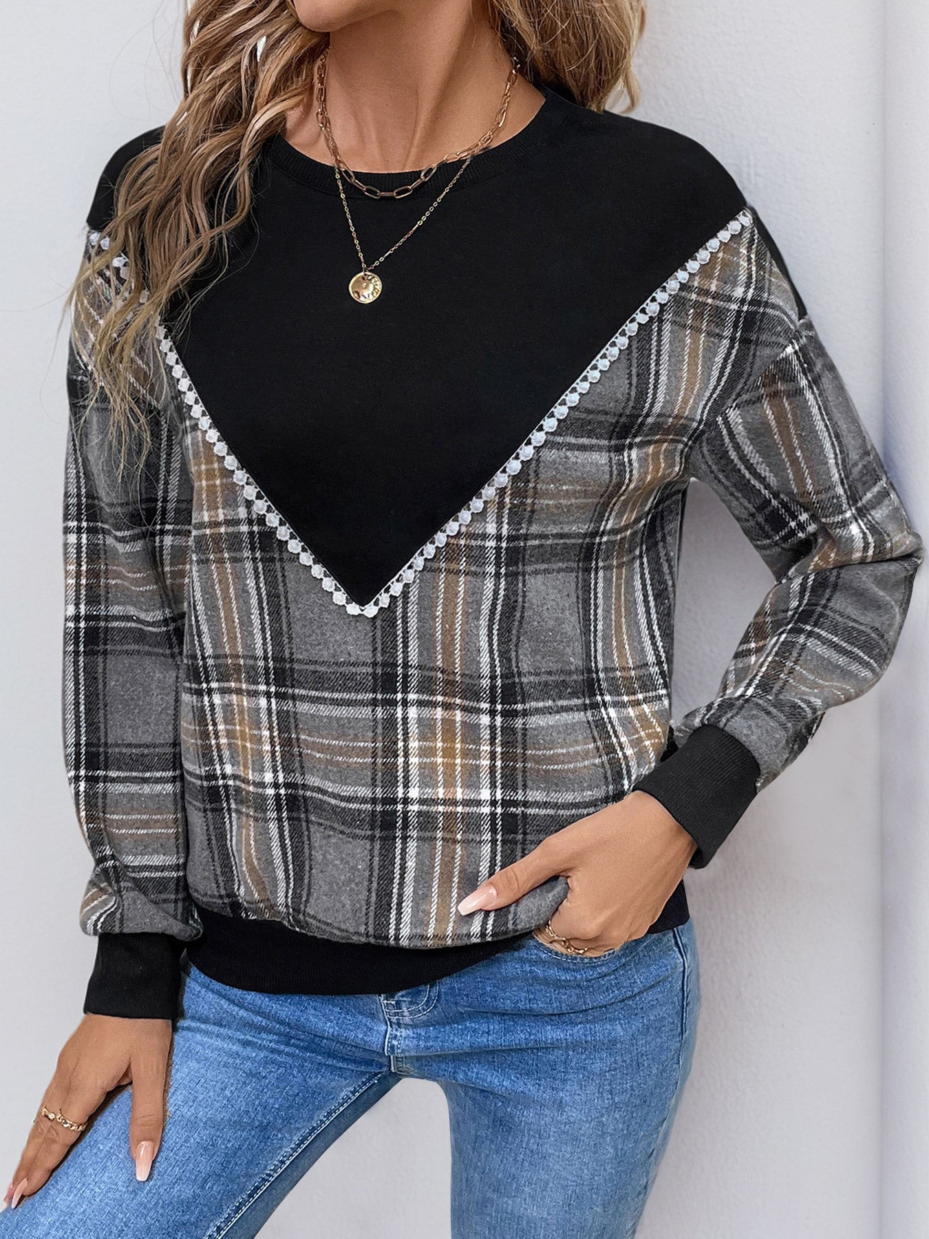 Black Plaid Sweatshirt - Lace Detail Long Sleeve Top