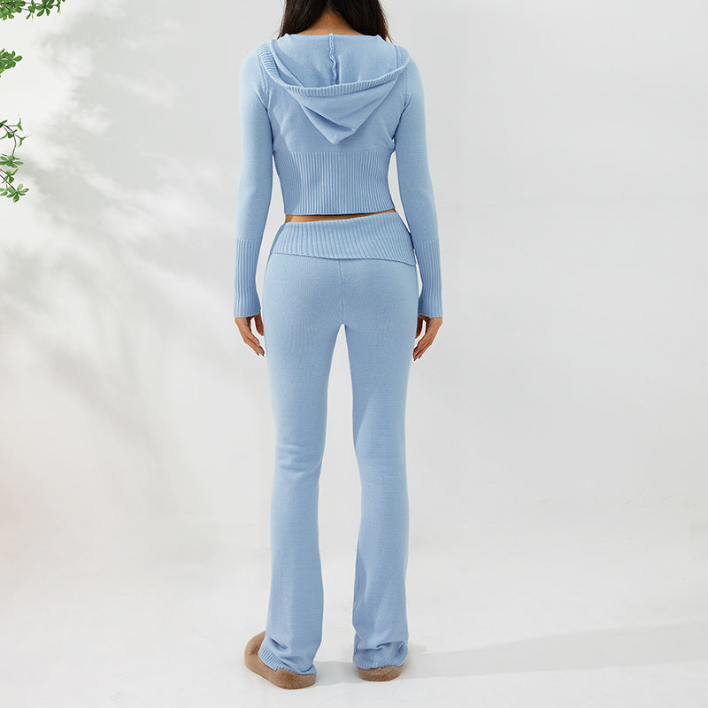 Soft Zip-up Long Sleeve Crop Sweater and Low Waist Pants Set