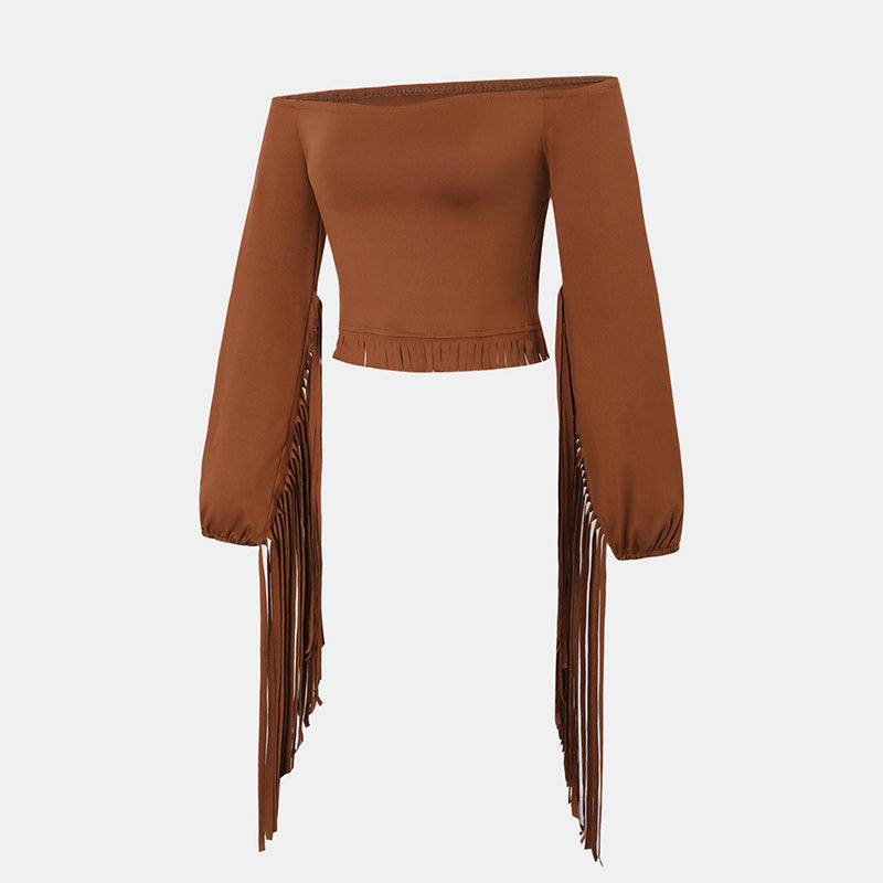Women's Western Cowgirl Off-Shoulder Fringe Top - Slim Fitted Tassel Blouse