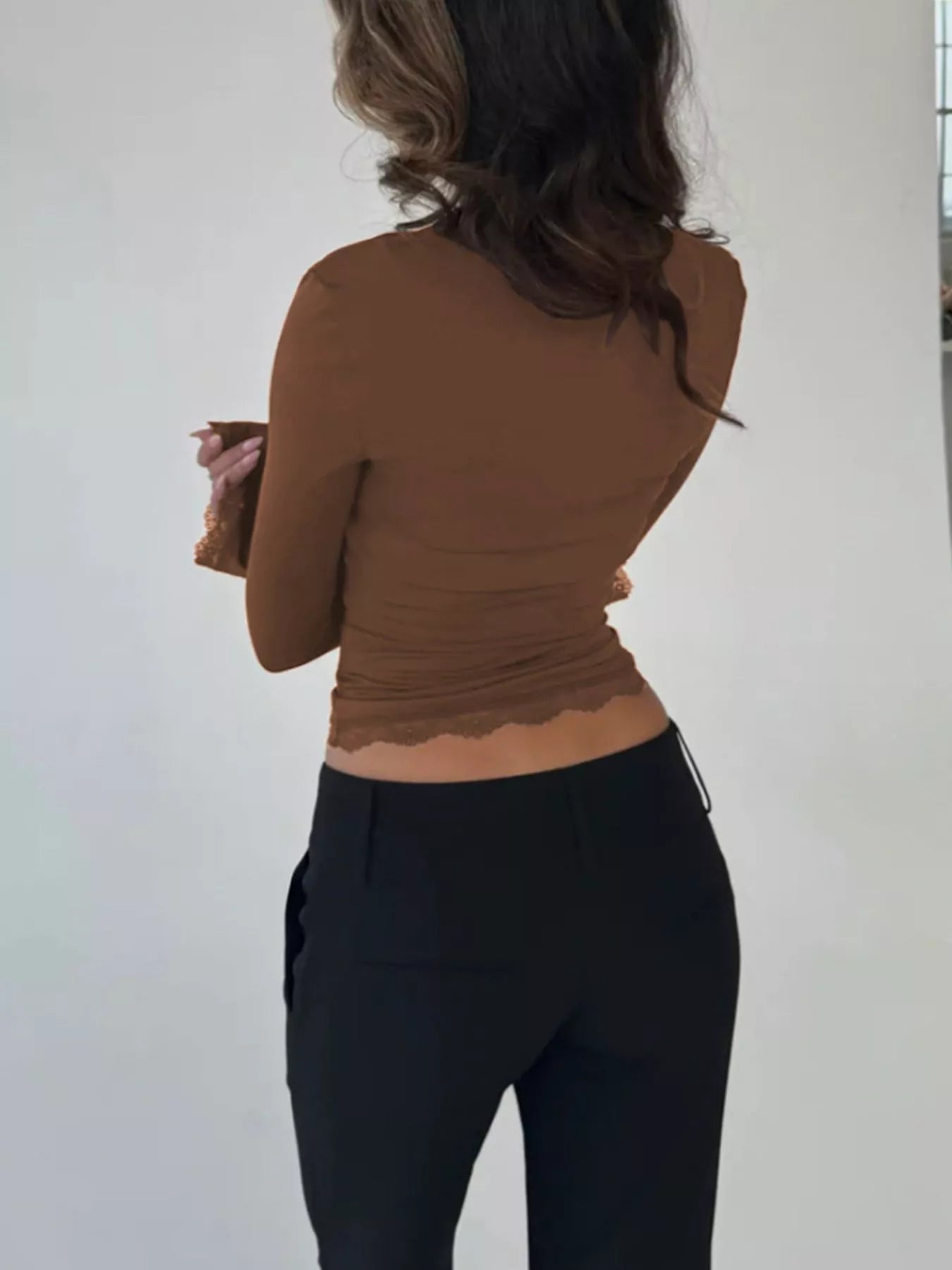 Lace Trim Top - Square Neck Long Sleeve Fitted - Fashions Envy