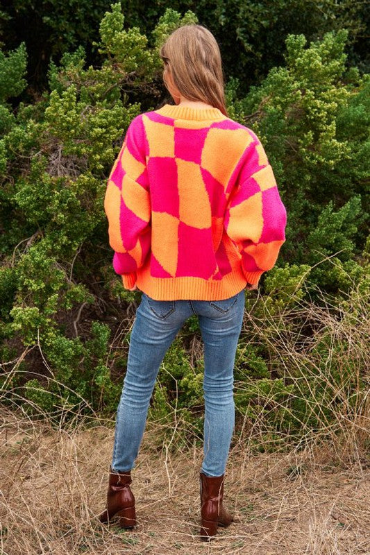 Oversized Multi Geo Checker Pullover Knit Sweater