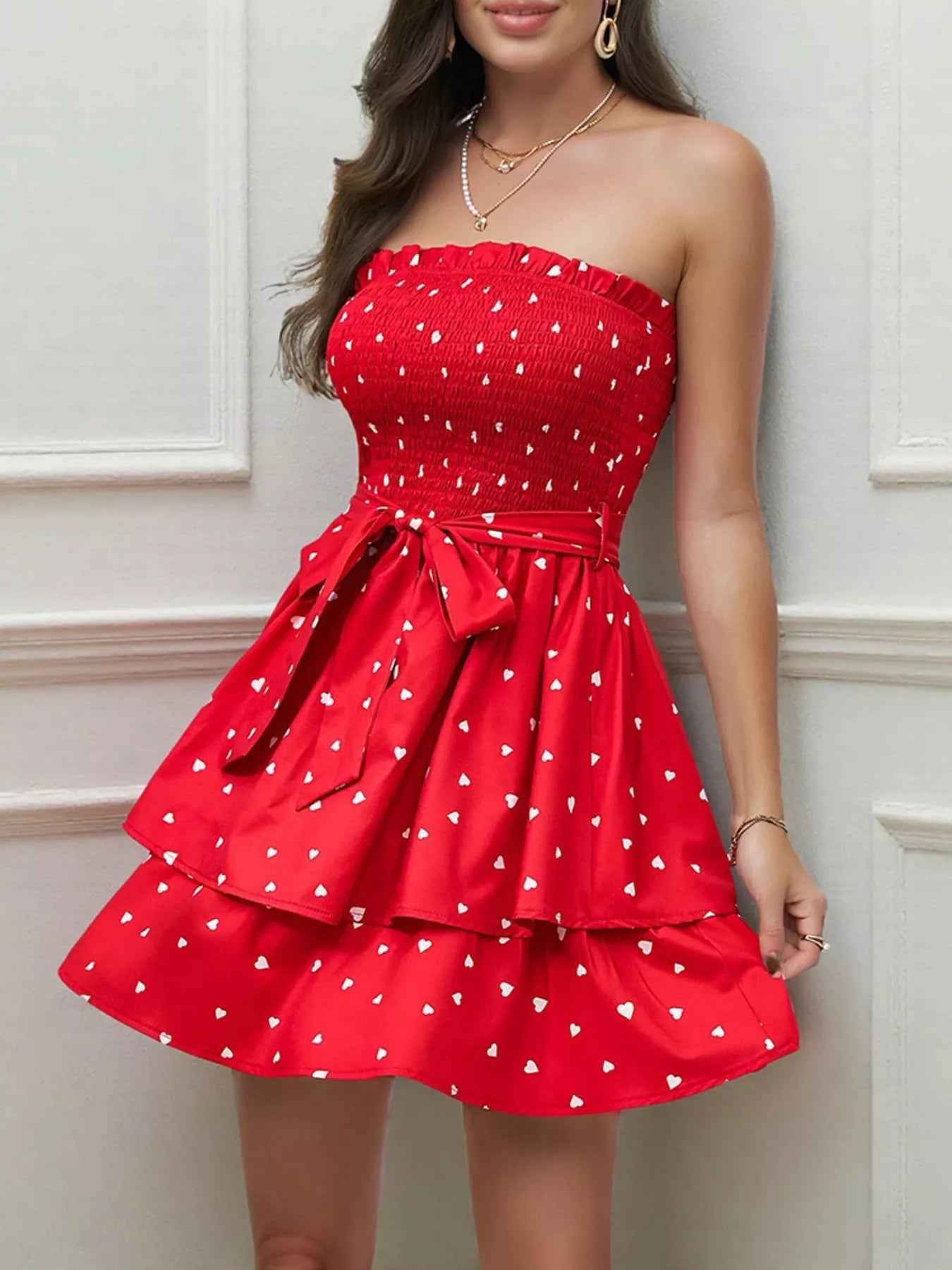 Deep Red Tube Mini Dress - Smocked Layered