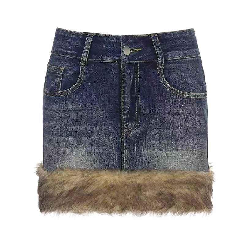 Faux Fur Trim Denim Skirt - Retro High-Waisted Mini - Fashions Envy