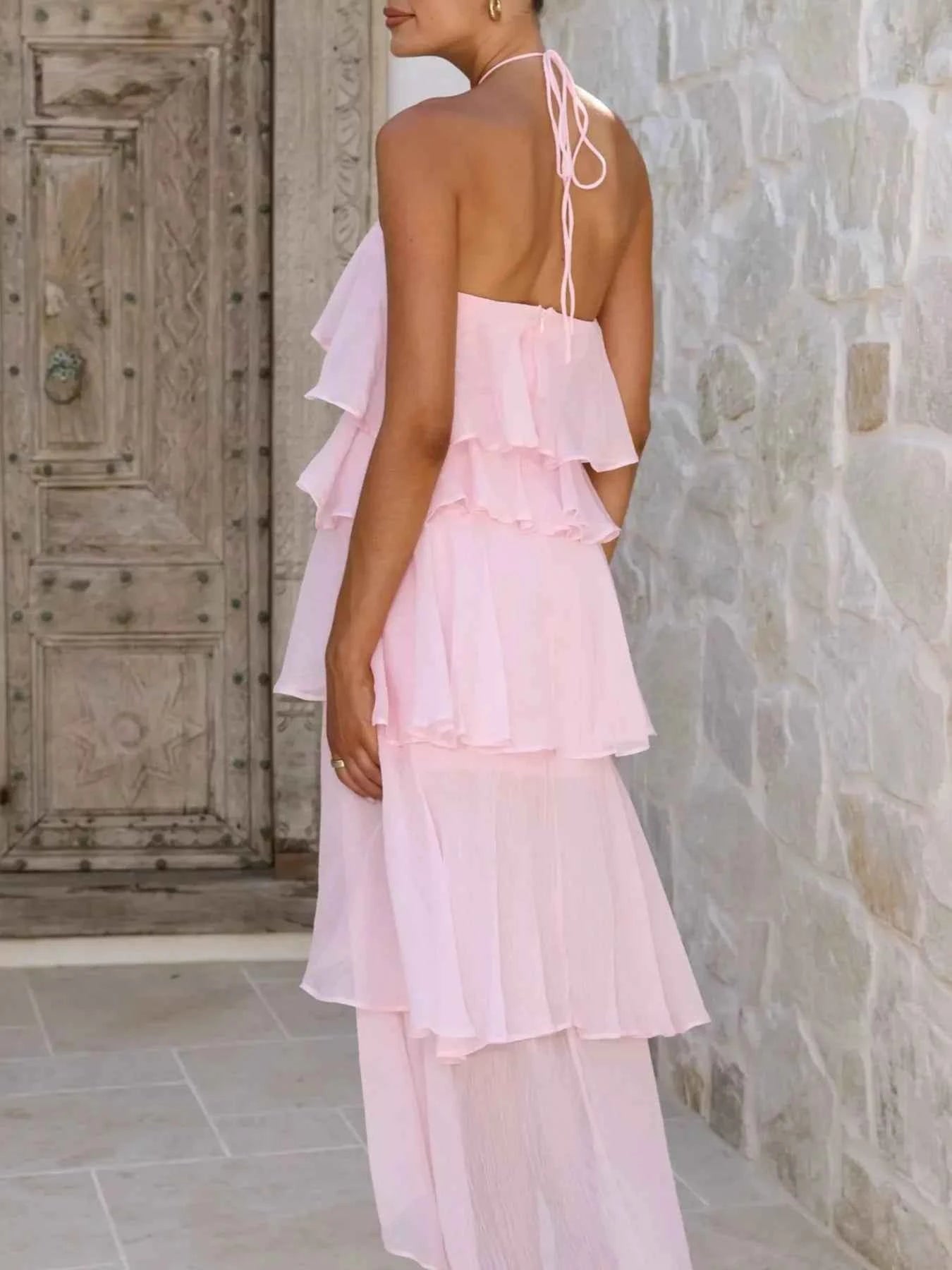 Tiered Ruffle Halter Midi Dress - Layered Flowy Style