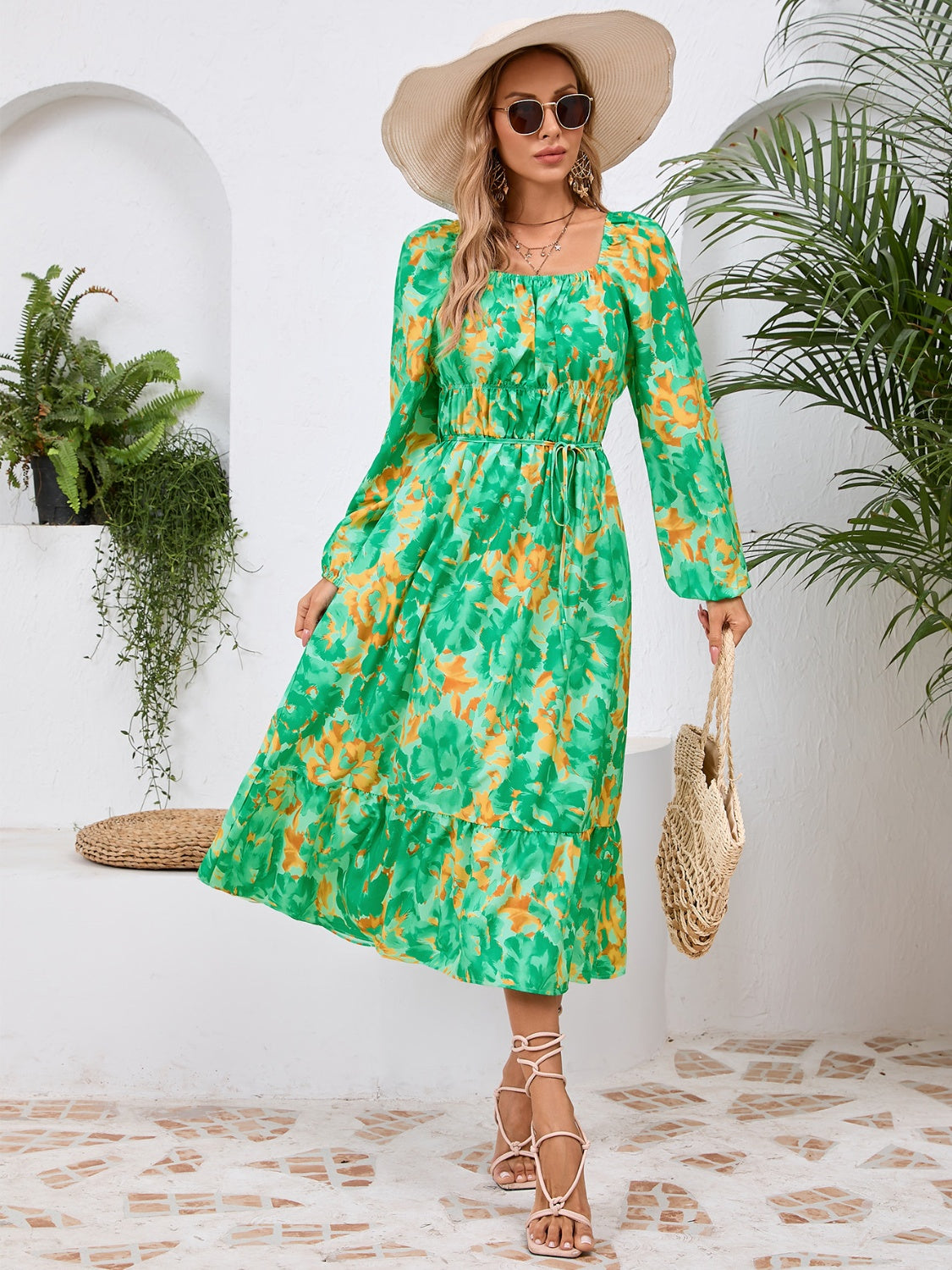 Floral Printed Long Sleeve Midi Dress