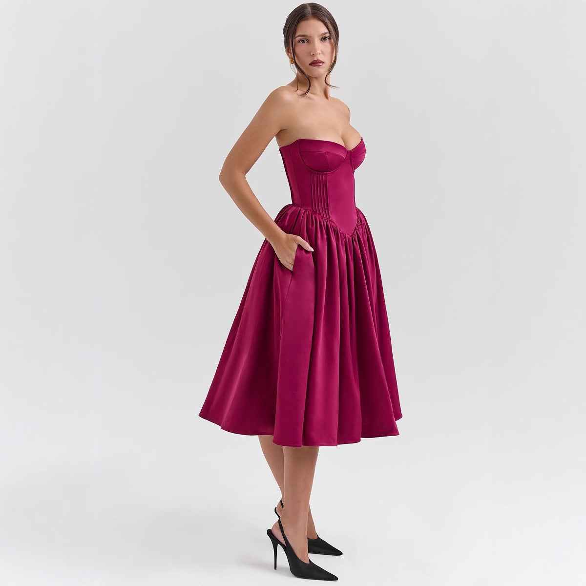 Sweetheart Midi Dress - Strapless Flared A-Line Skirt