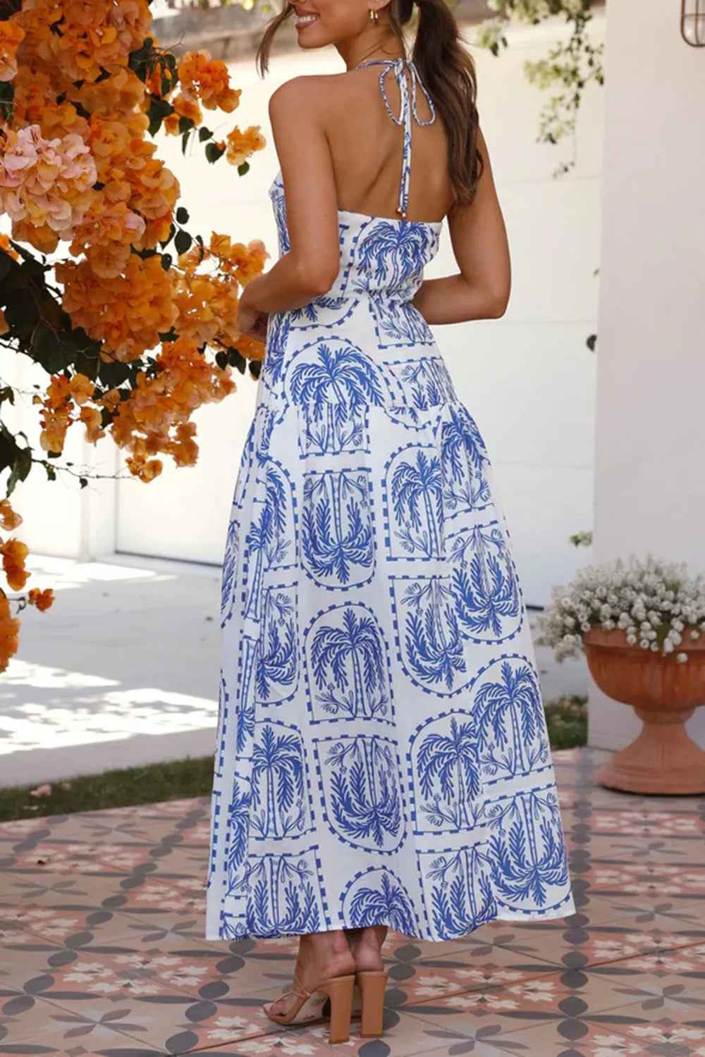 Printed Halter Maxi Dress - Tied Neck Flowy Vacation