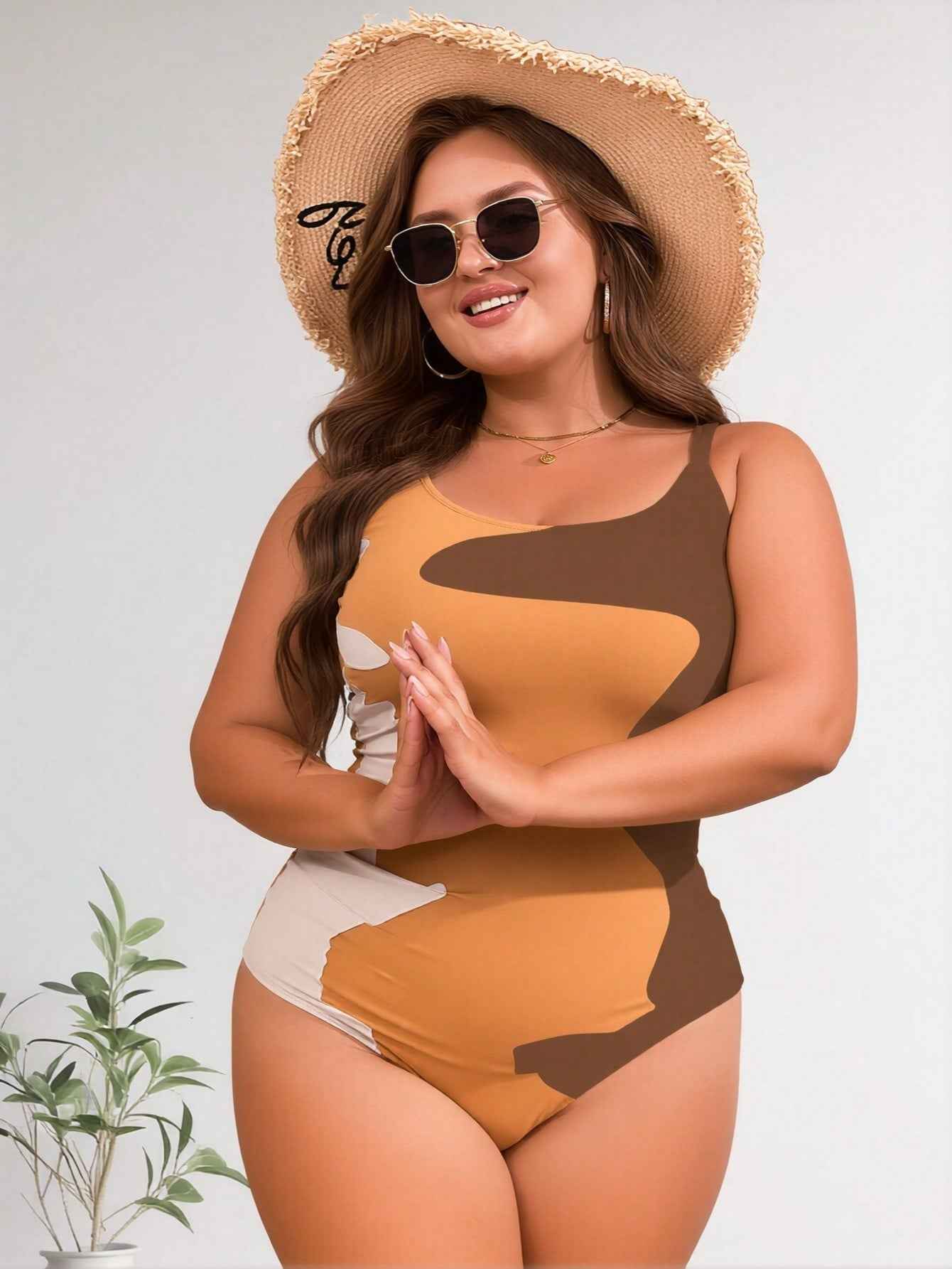 2026 New Women's Plus Size One-Piece Swimsuit: Earth Tone Abstract Color Block With Side Ruched