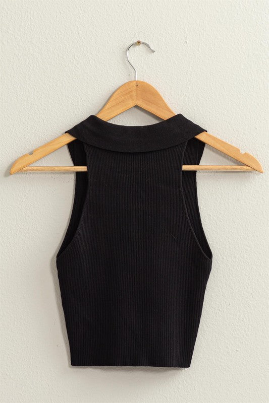 Sleeveless Collared Cropped Hem Knit Fitted Sleeveless Top
