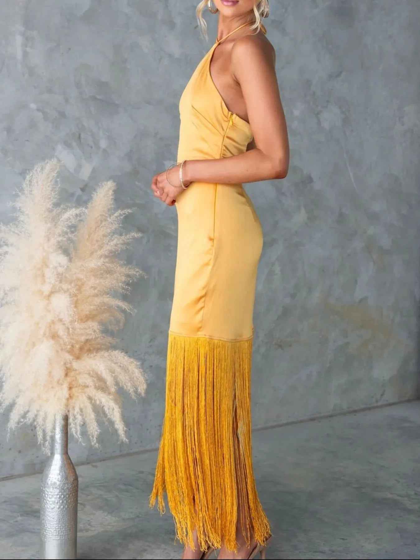 Fringe Halter Dress - Backless Bodycon Maxi Dress - Fashions Envy