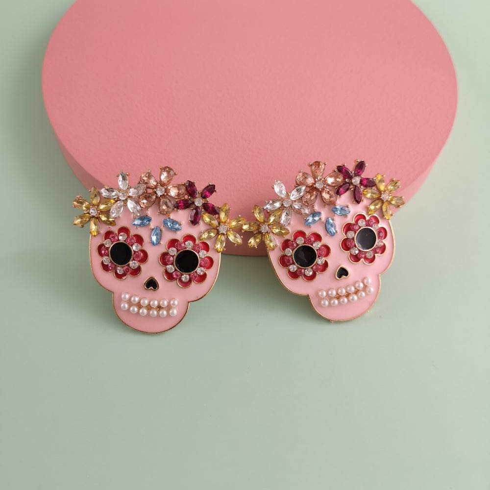 Skull Rhinestone Alloy Earrings - Fashions Envy
