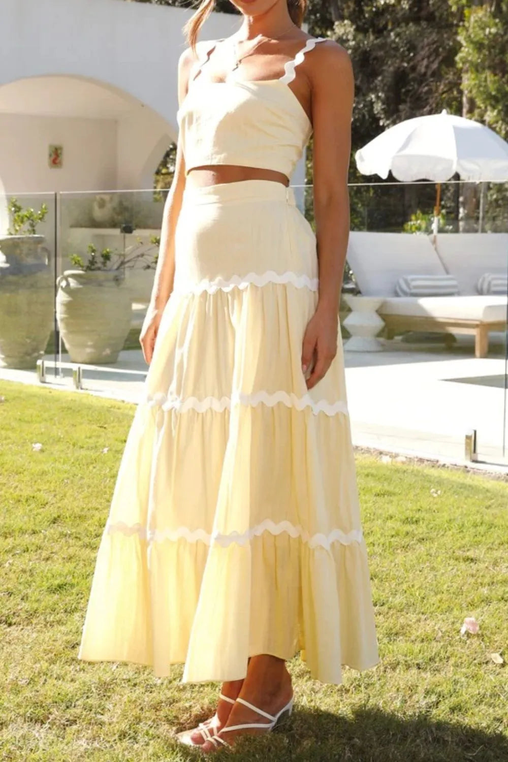 Pastel Yellow Cami and Maxi Skirt Set - Contrast Trim