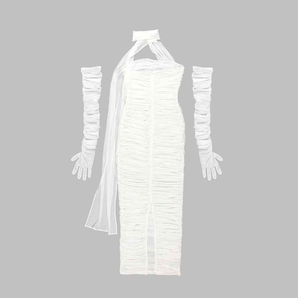 Sheer Mesh Backless Dress - White Halter Long Sleeve
