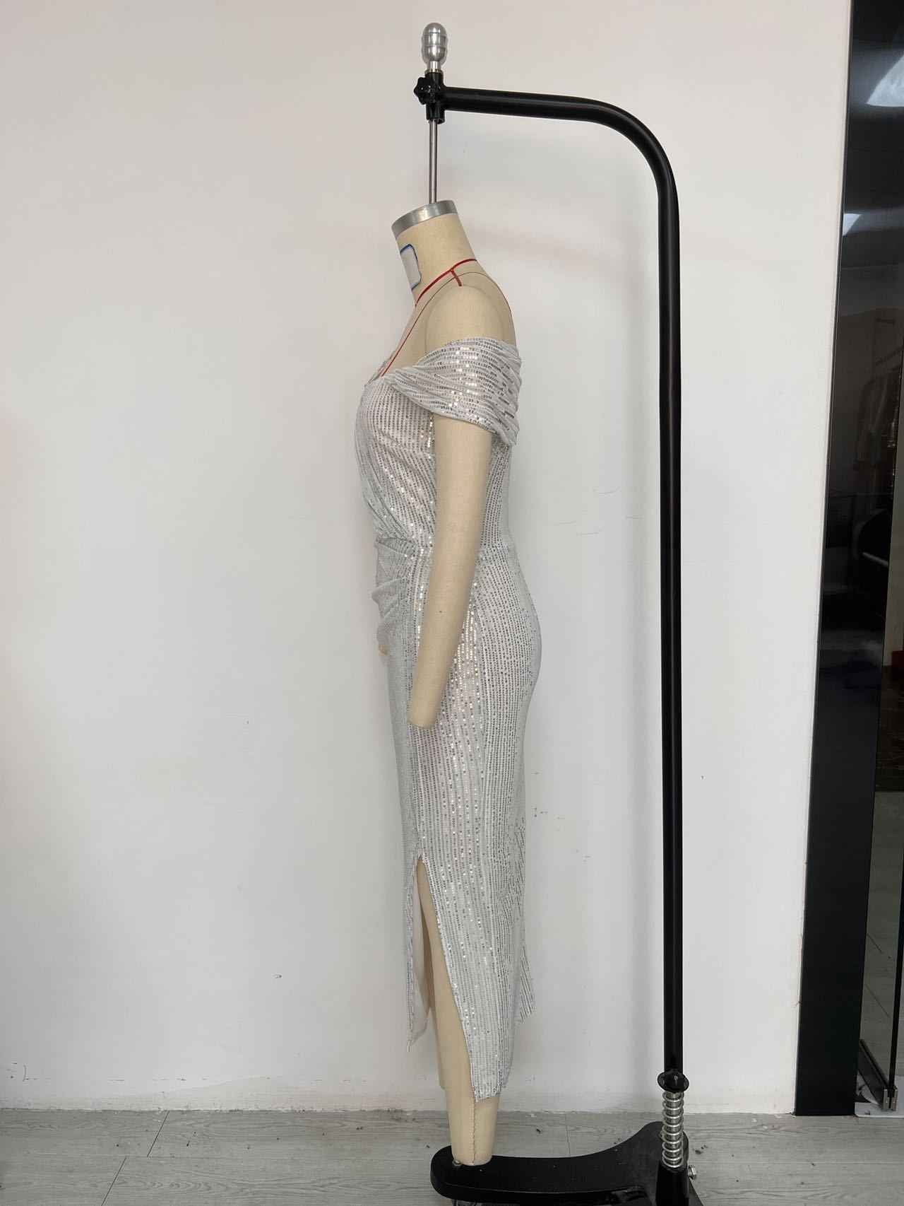 Sequin Midi Dress - White Short Sleeve Round Neck Party