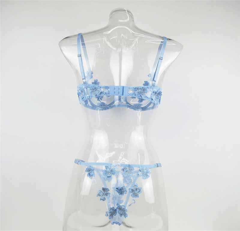 See-through Embroidered Lingerie Set - Sexy Thong and Bra