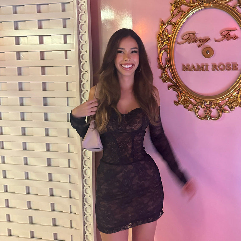 Sweetheart Neck Lace Dress - Long Sleeve Bodycon Mini - Fashions Envy