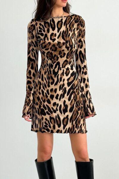Backless Leopard Long Sleeve Mini Dress - Fashions Envy