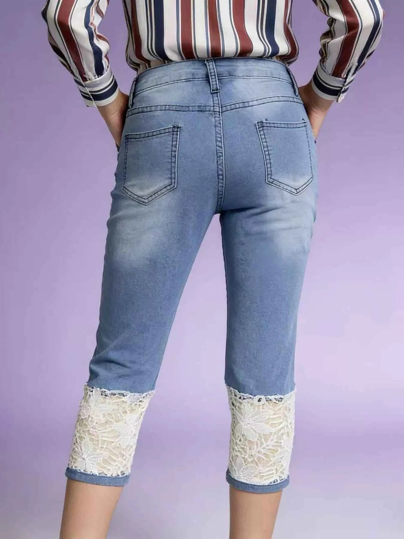 Full Size Lace Trimmed Capri Jeans Plus Size