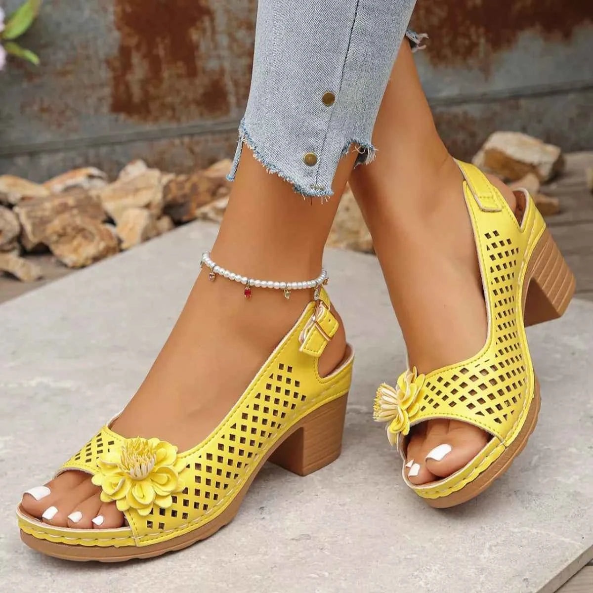 Floral Accent Block Heel Sandals