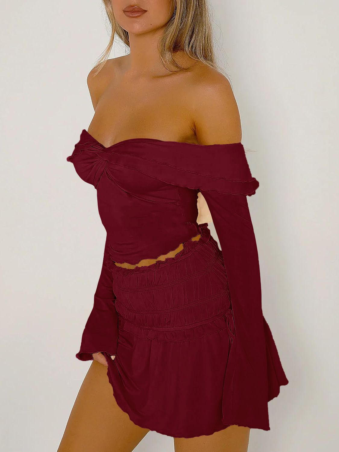 Devine Twisted Ruffled Off-Shoulder Long Sleeve T-Shirt - Fashions Envy