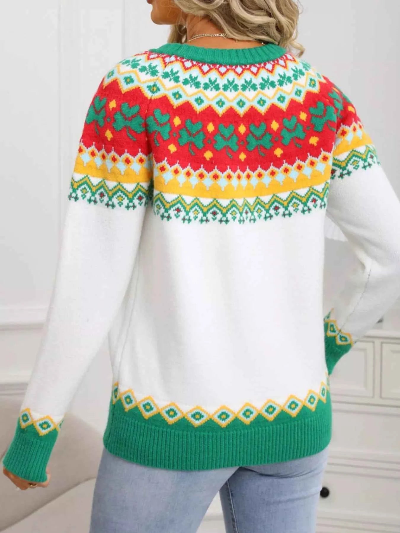 Clover Pattern Sweater - Long Sleeve Knitted Round Neck - Fashions Envy