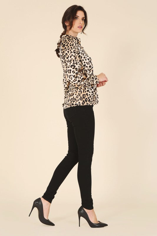 Satin Long Sleeve Leopard Blouse