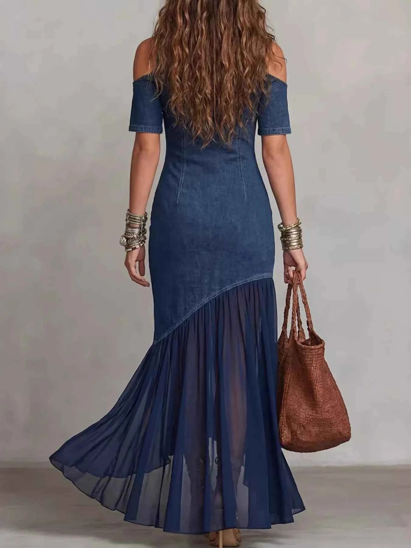Ruffle Hem Maxi Dress - Mock Neck Cold Shoulder