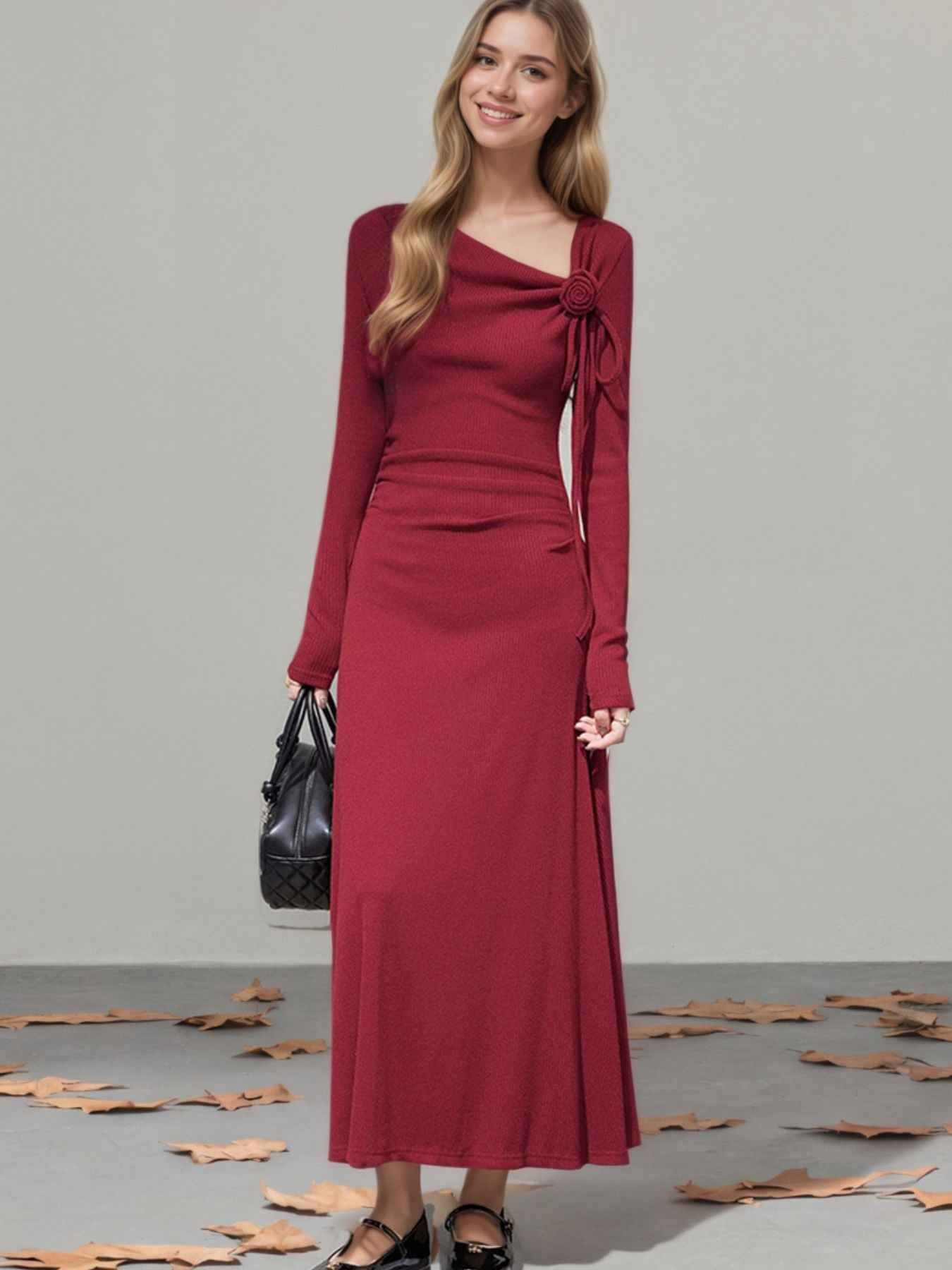Long Sleeve Maxi Dress - Flower Asymmetrical Neckline Gown