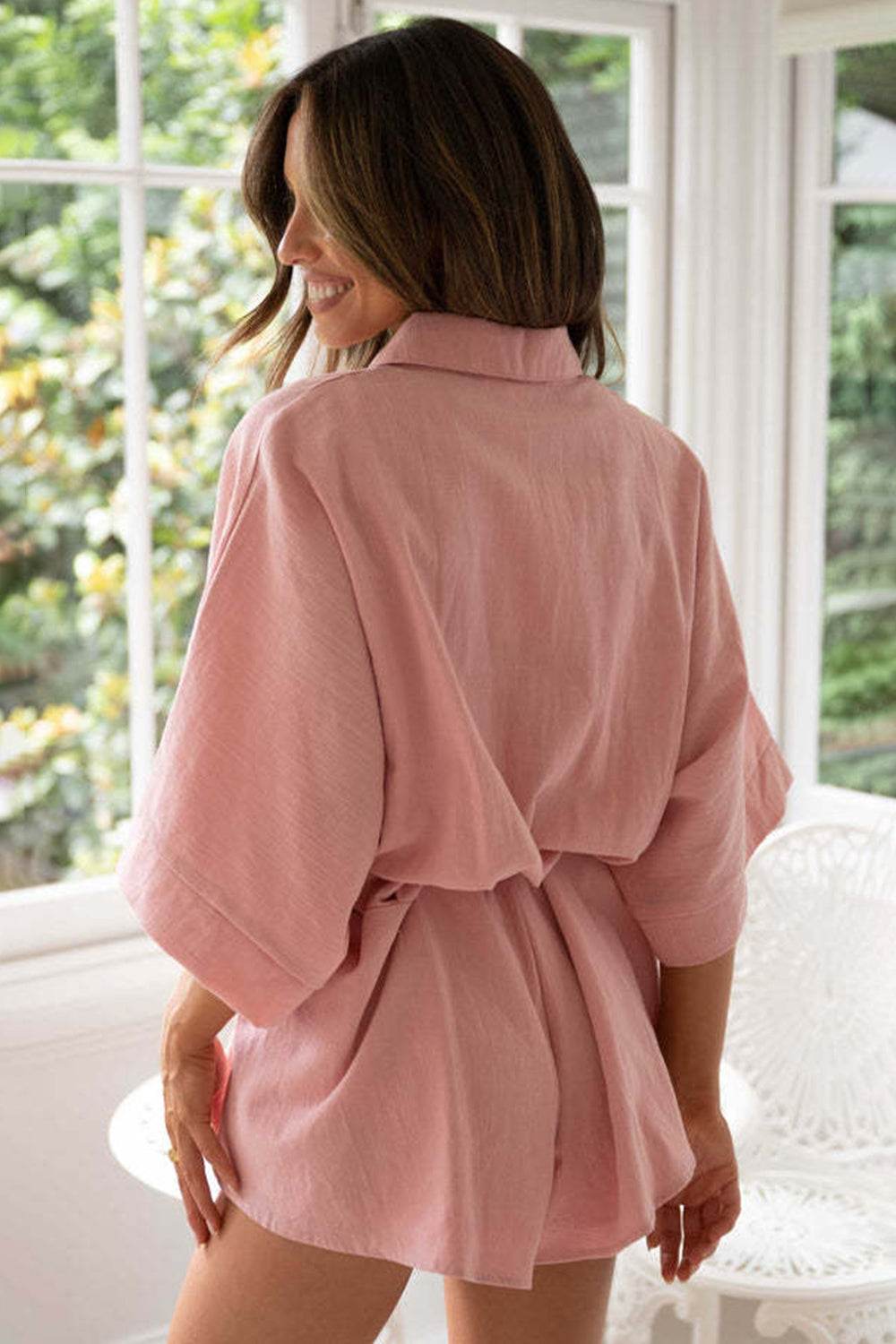 Tied Button Up Collared Neck Romper - Fashions Envy