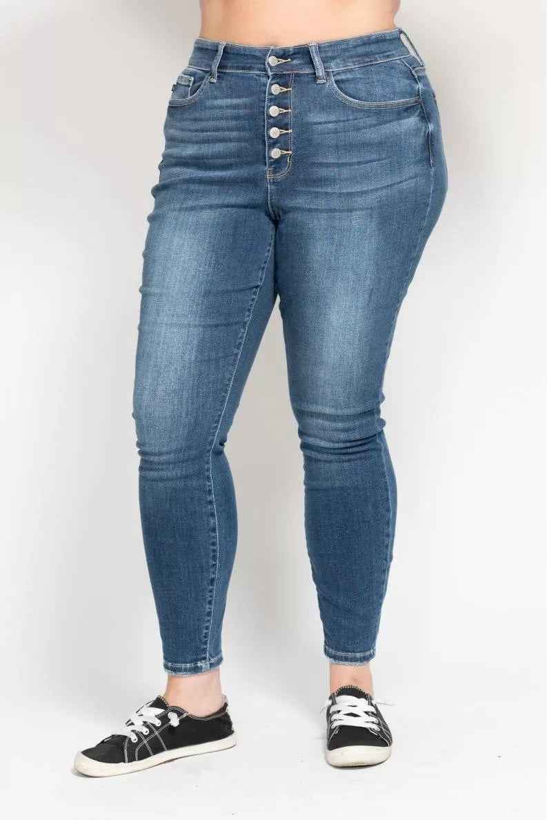 Judy Blue Full Size High Rise Button Fly Skinny Jeans Plus Size - Fashions Envy