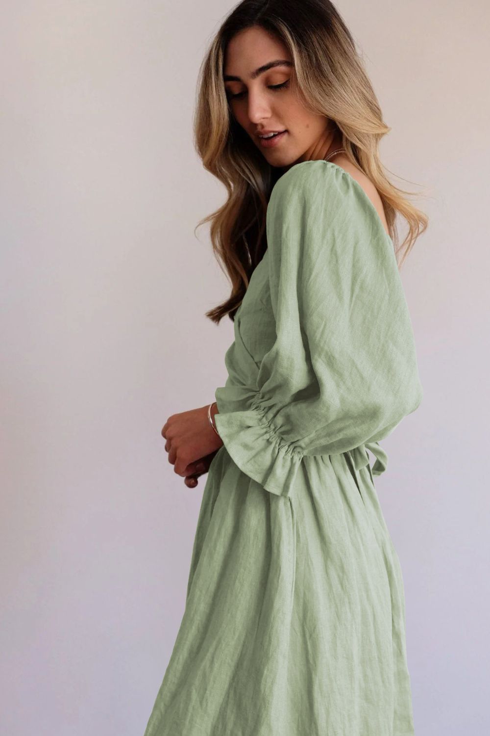 Smocked Square Neck Flounce Sleeve Midi Dress