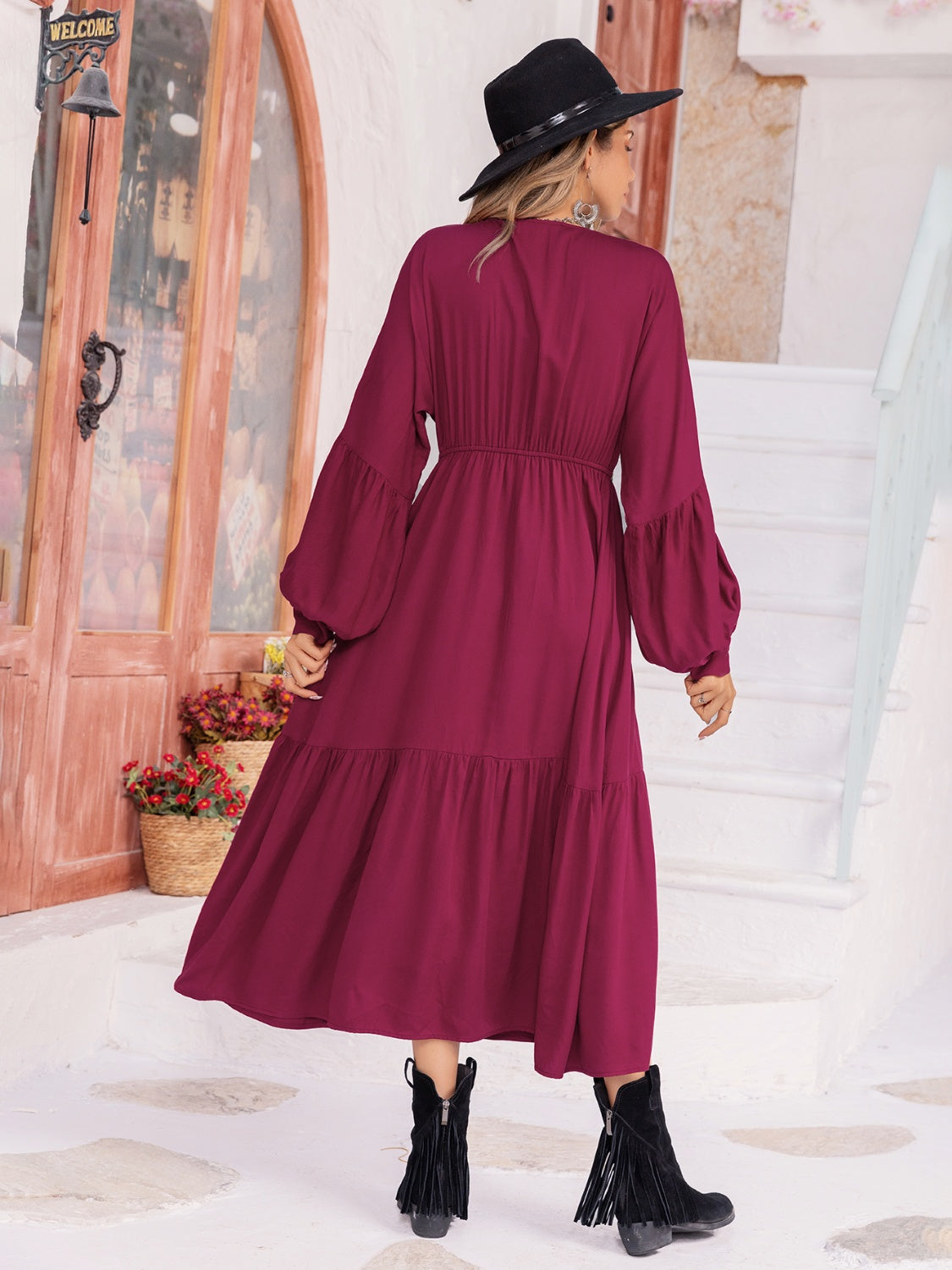 Burgundy V-Neck Lantern Sleeve Ruffle Hem Dress