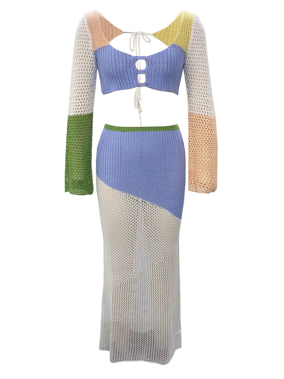 Tied Long Sleeve Top and Skirt Cover Up Set - Fashions Envy