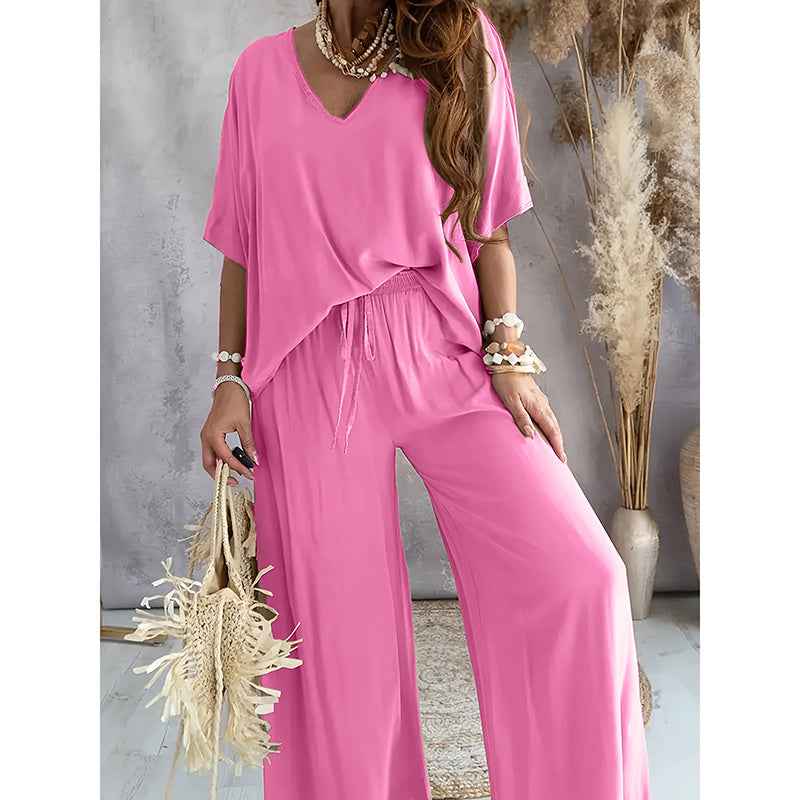 Two-Piece Lounge Set - V-Neck Top & Wide Leg Pants - Fashions Envy