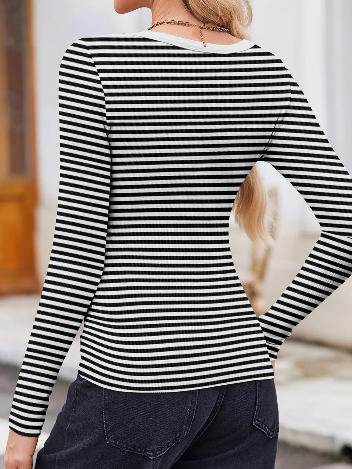 Trendsi black and white striped long sleeve Scoop Neck T-Shirt back view on model wearing dark jeans